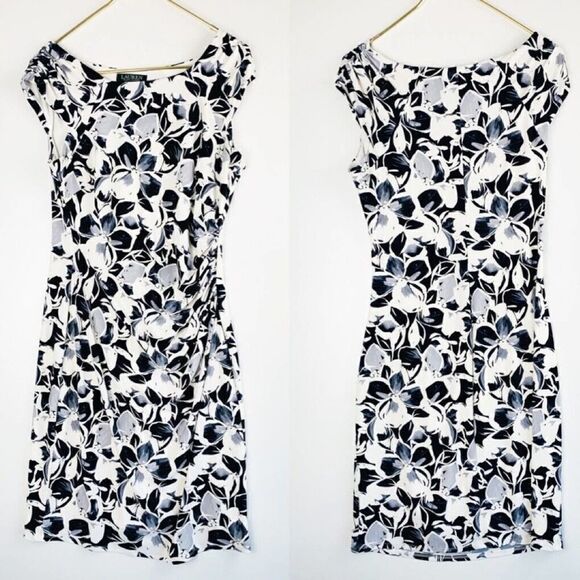 CURRENT Season Ralph Lauren Floral Dress Side Ruched Navy Grey Size 10 - Picture 1 of 8
